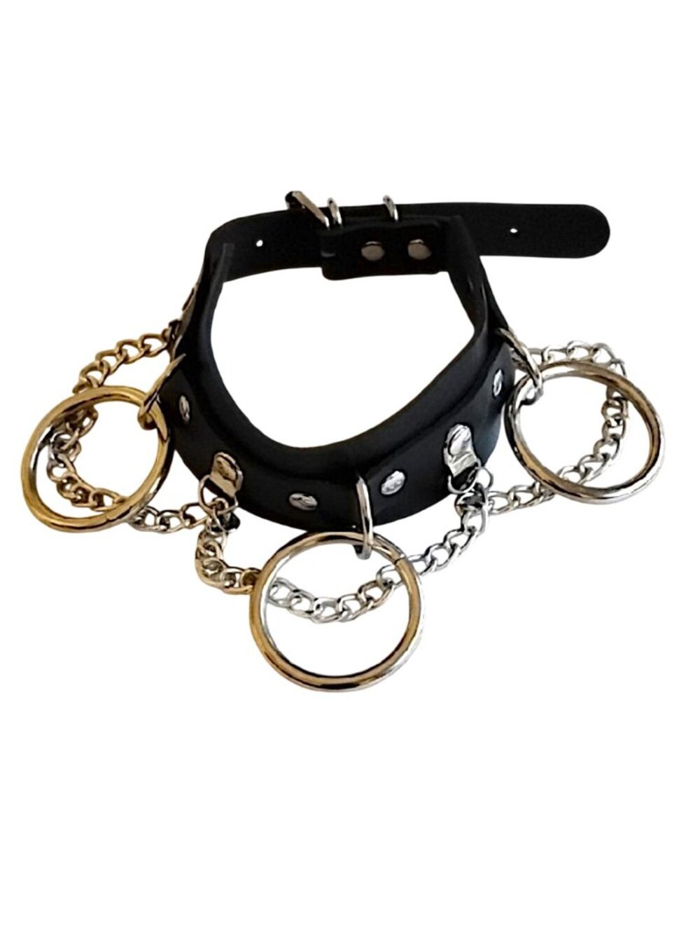 Black Leather Choker Necklace Adjustable 11"-15" Studs Chains Rings